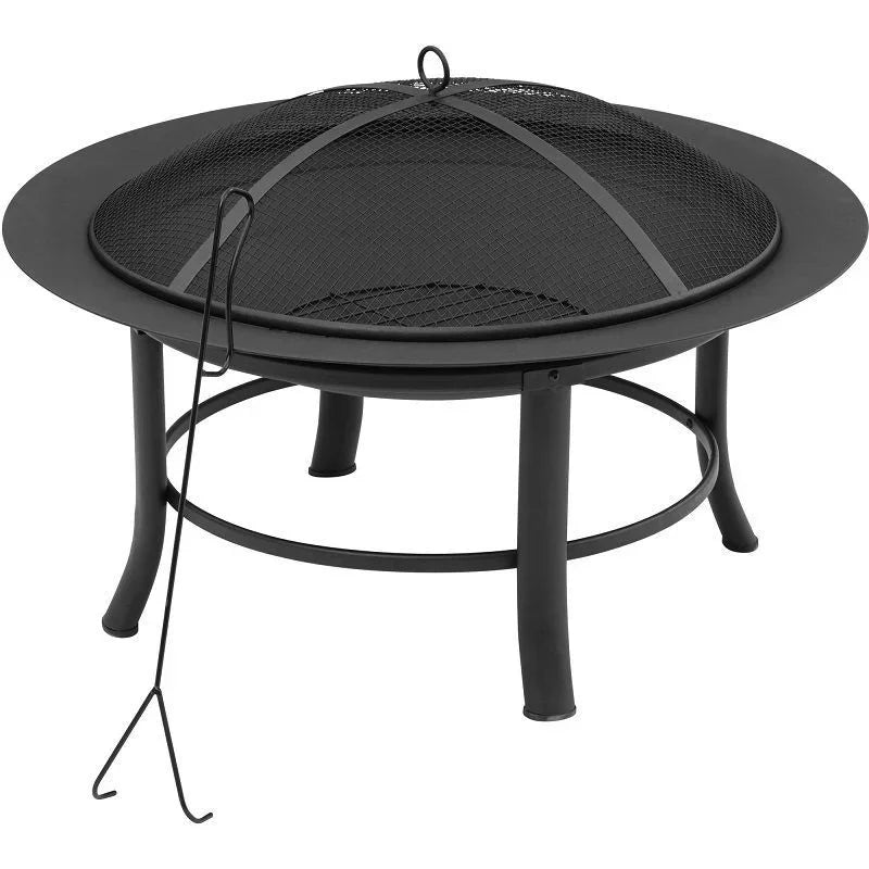 Camping Fire Pit Bonfire Stove with Wood Basket - Black Garden Decoration and Heating Furnace with Baking Net