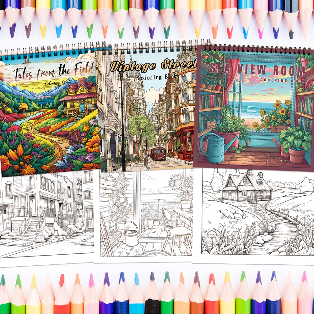 3pcs Cartoon Landscape Coloring Books – 30 Pages Each, Spiral Bound for Stress Relief and Relaxation, Ideal Gift Ideas