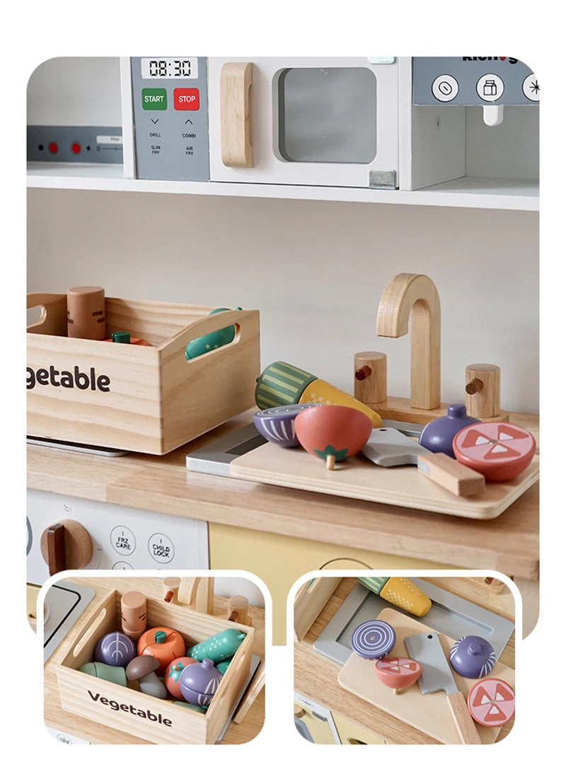 Children's Wooden Play Kitchen Set with Magnetic Cookies and Fruit Cutting - Pretend Play Baking Toys for Girls