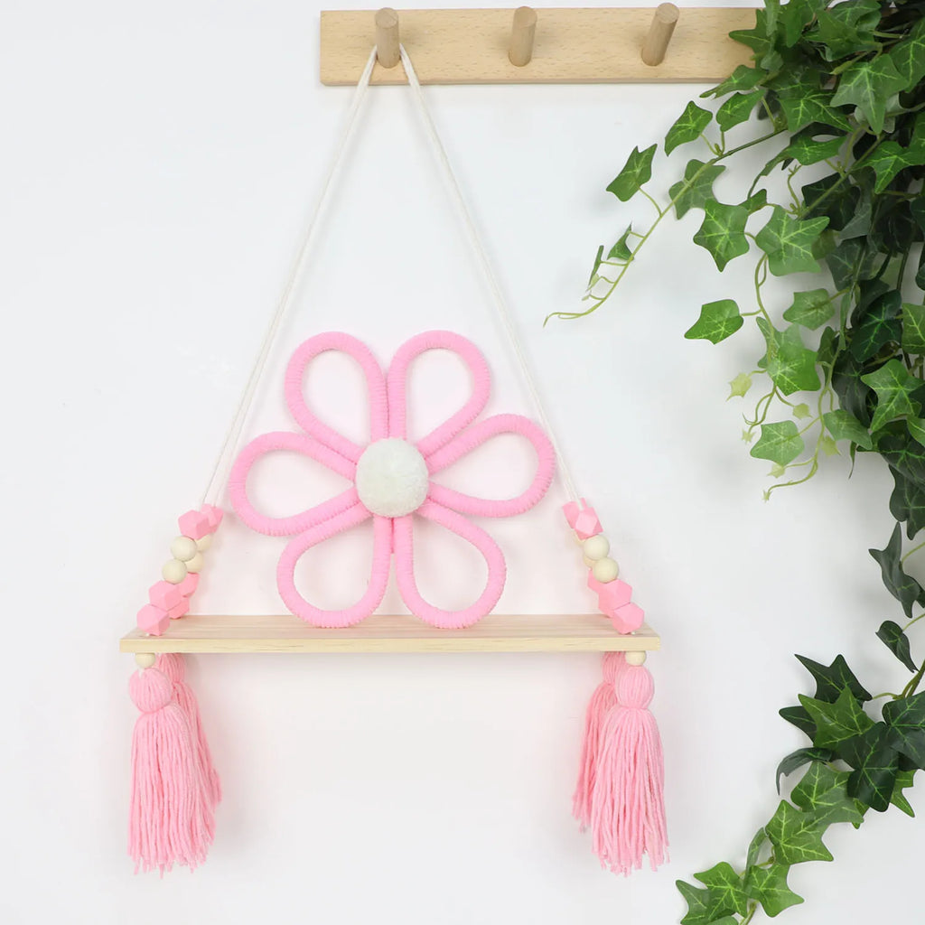 Macrame Wall Hanging Shelf for Girls Kids Nursery Decorations Boho Pink Wooden Display Floating Shelves Wall Decor Bedroom