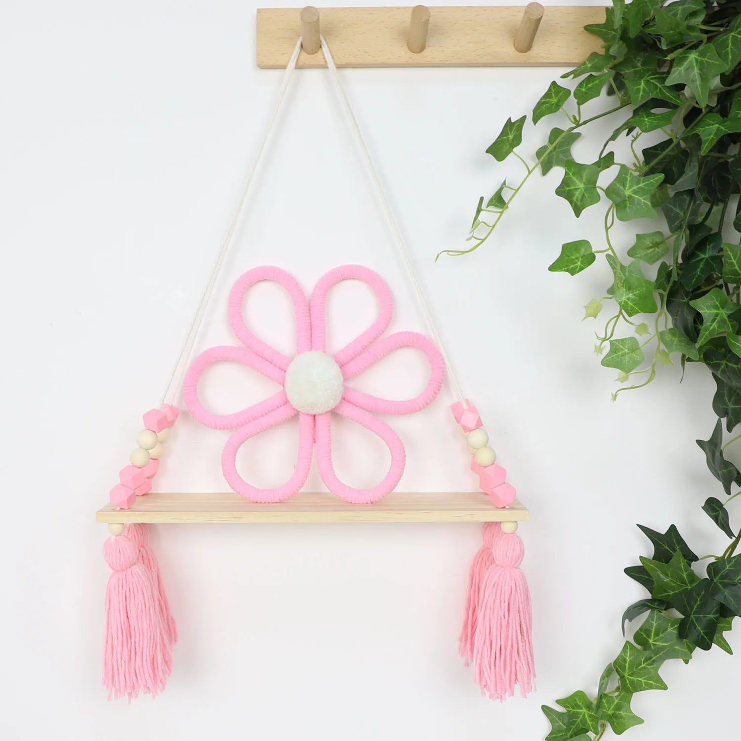 Macrame Wall Hanging Shelf for Girls Kids Nursery Decorations Boho Pink Wooden Display Floating Shelves Wall Decor Bedroom
