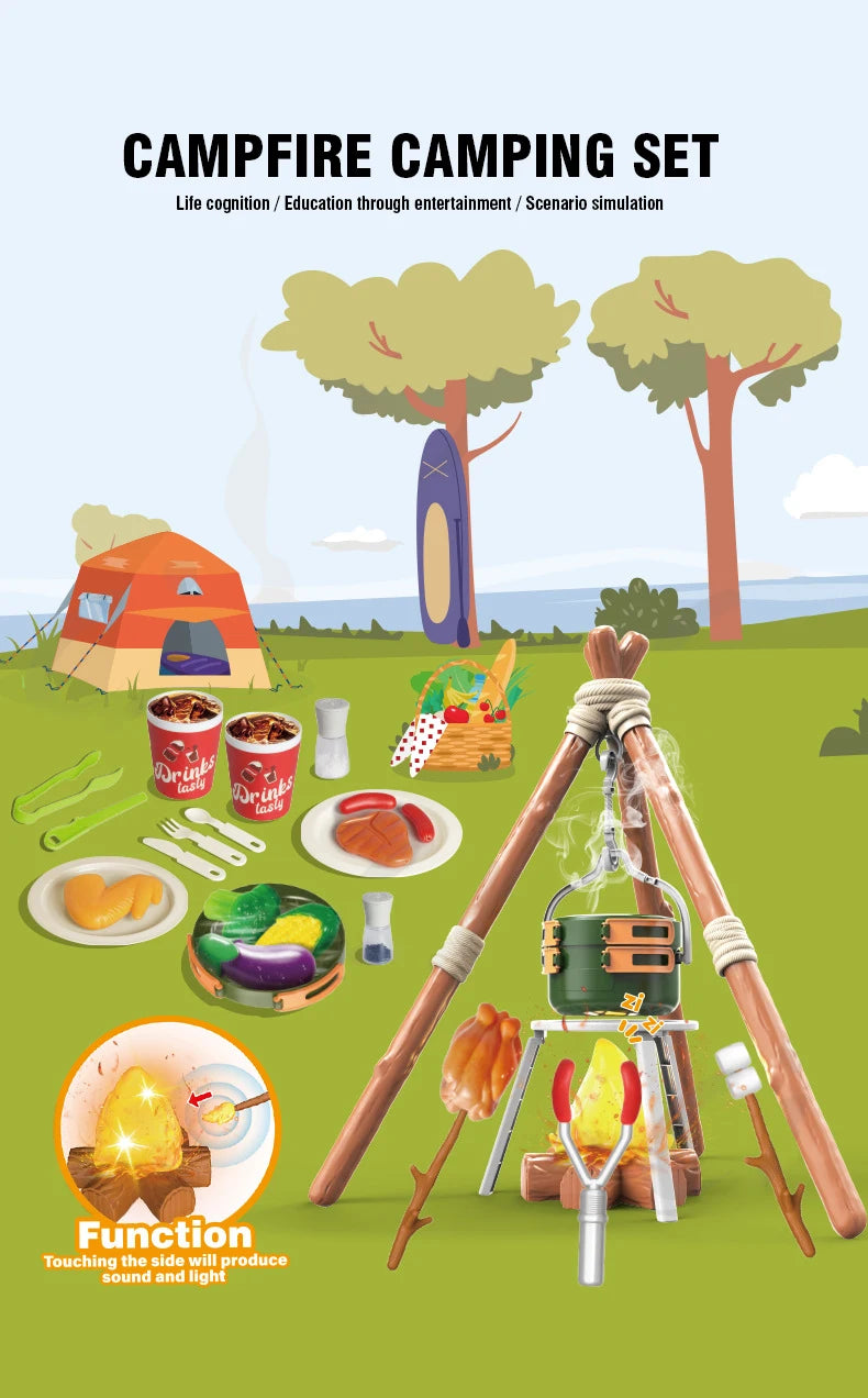 51Pcs Children's Camping Play Set Simulated Campfire Kitchen Food Picnic Role Play Toy for Kids