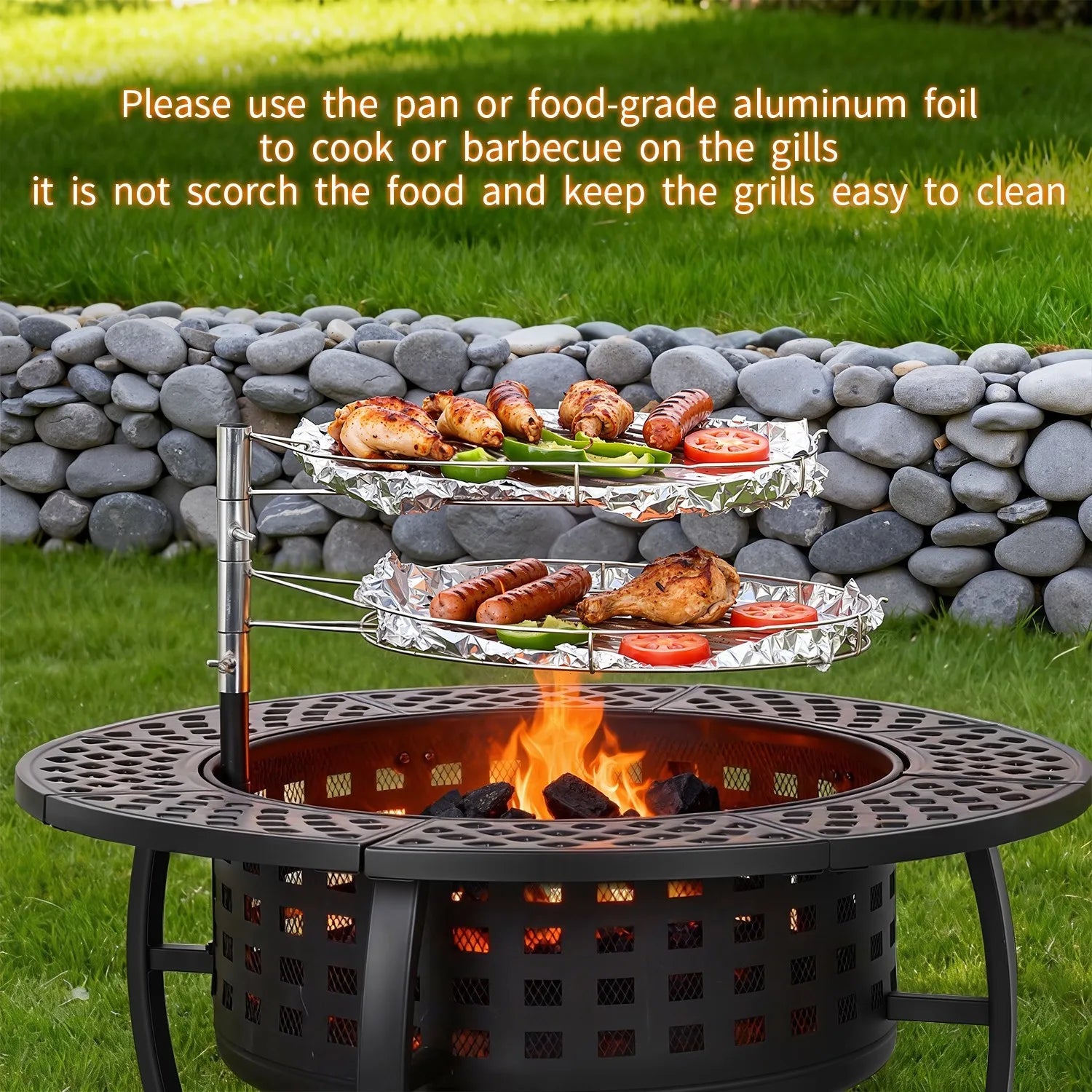 36 Inch Fire Pit with Adjustable Grills - Wood Burning Outdoor Fire Pit with Lid