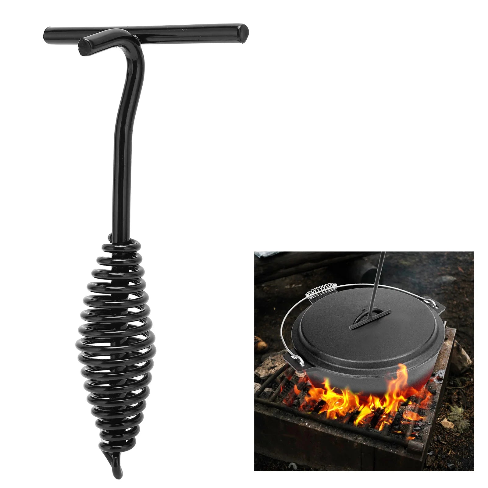 19.5cm Cast Iron Dutch Oven Lid Lifter with Spiral Handle for Outdoor Camping and Hiking