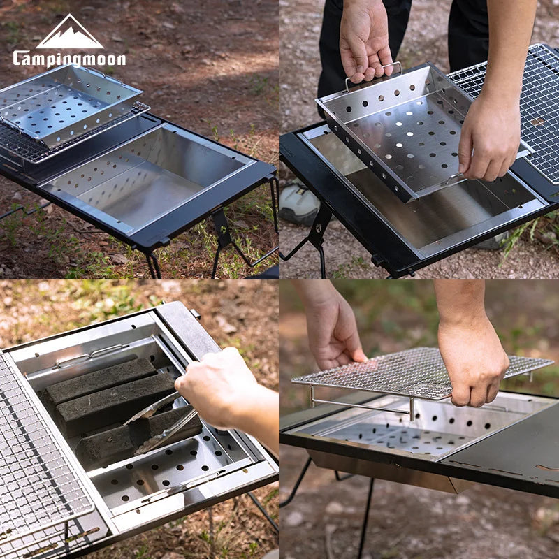 CAMPINGMOON UG-1 IGT Carbon Grill Camping Table with Expansion, Windproof BBQ, and Double-Layer Insulated Firewood Stove