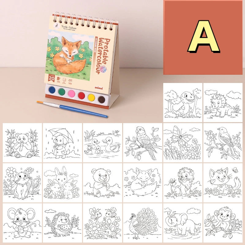 Portable House Coloring Book DIY - 20 Pages Watercolor Painting Set with 6 Colors for Toddler Arts and Crafts