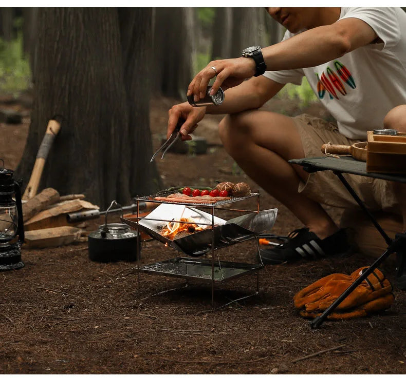 Portable Stainless Steel Fire Pit - Foldable Wood Burning Stove Mini BBQ Rack for Outdoor Camping