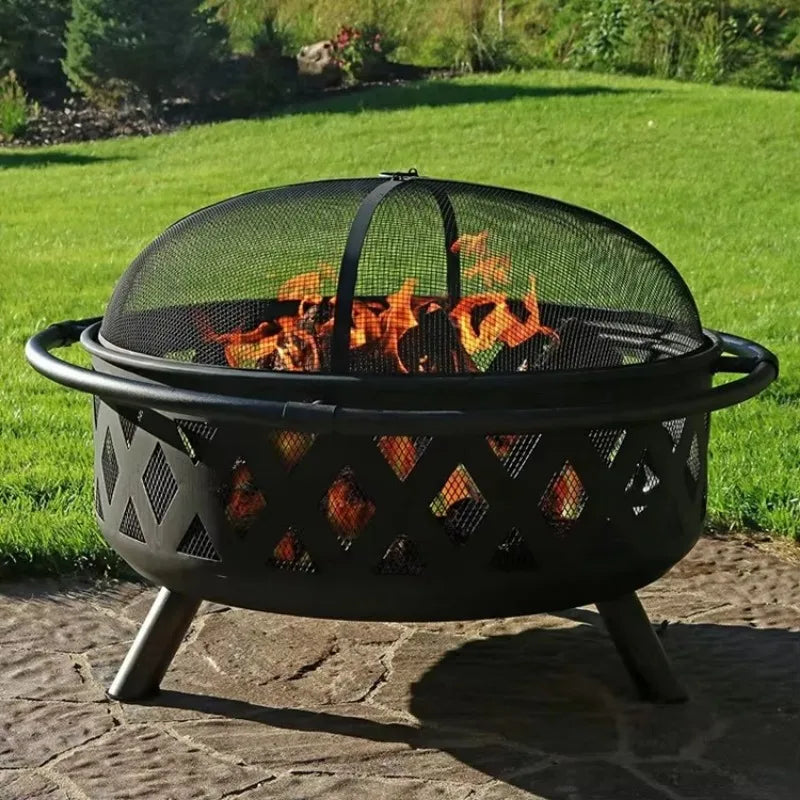 Large Outdoor Fire Pit with Spark Screen - Heavy-Duty Wood Burning Cross Fire Pit