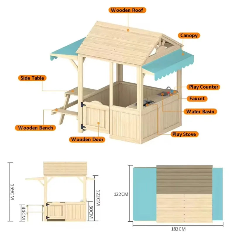 Wooden Kids Playhouse with Kitchen, Snack Bar & Picnic Bench - Outdoor Children’s Play House