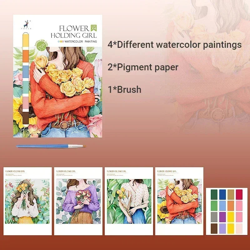 Portable Watercolor Painting Book with 4 Sheets - Kids Gouache Coloring Stationery and Graffiti Drawing Set with Paint Brush