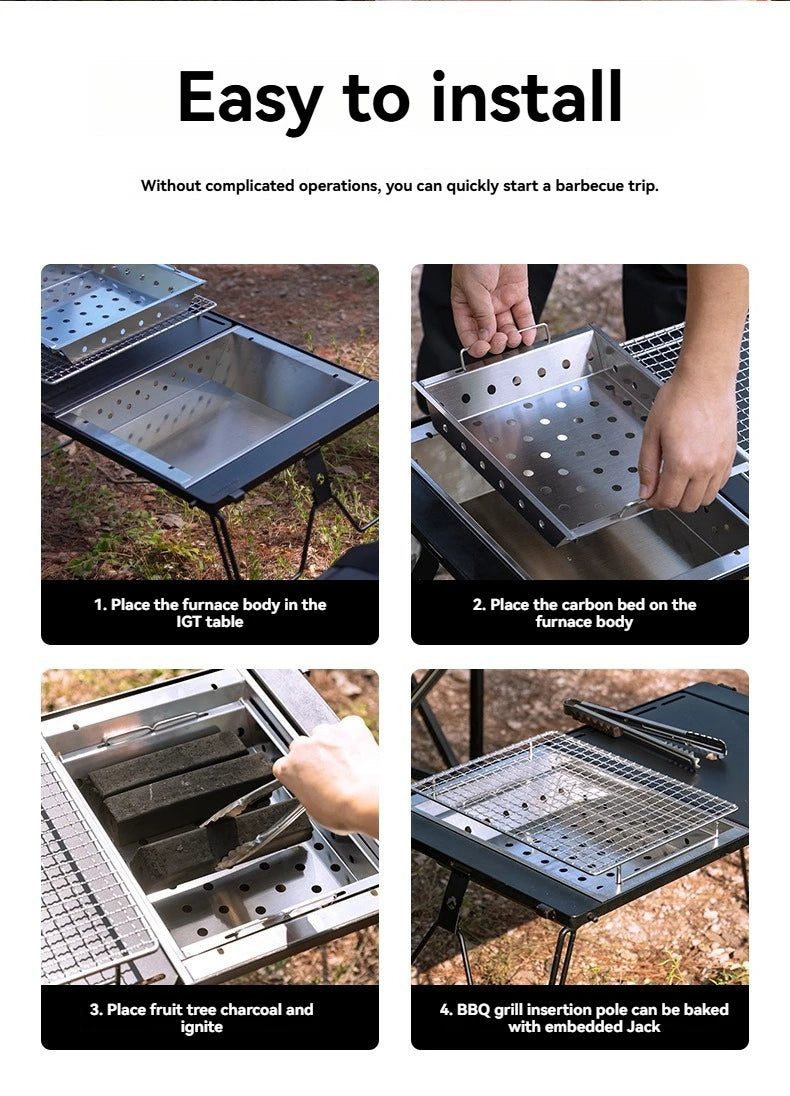 CAMPINGMOON UG-1 IGT Carbon Grill Camping Table with Expansion, Windproof BBQ, and Double-Layer Insulated Firewood Stove