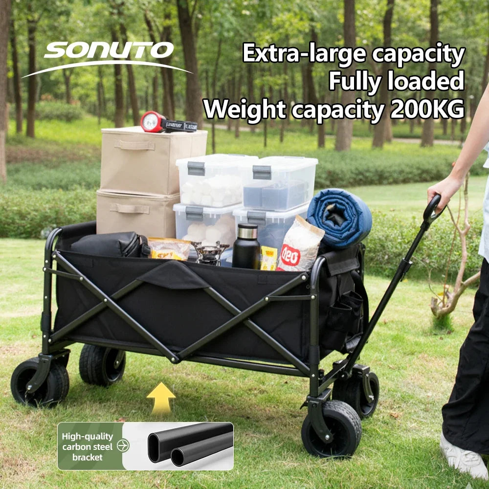 300kg Folding Wagon with Canopy & Seats - Heavy Duty Beach Cart for Camping, Picnic, and Grocery Shopping - Portable Utility Pull Cart