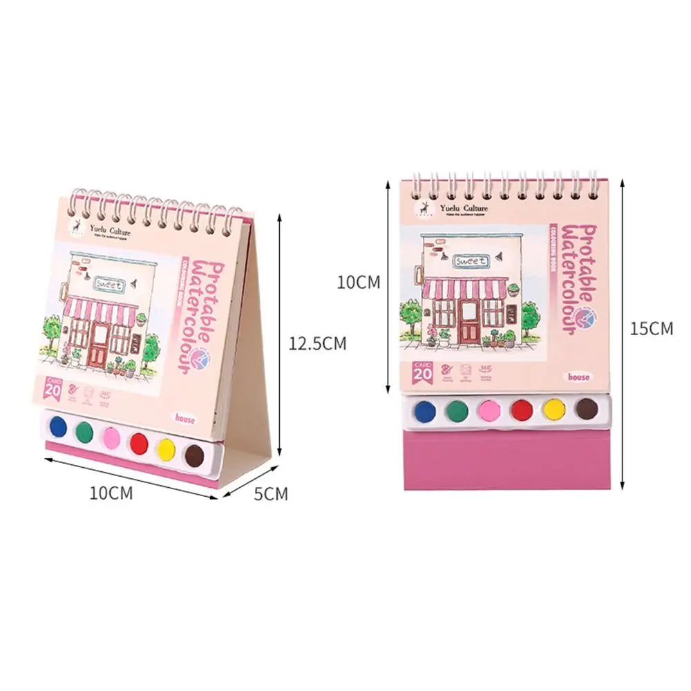 Portable House Coloring Book DIY - 20 Pages Watercolor Painting Set with 6 Colors for Toddler Arts and Crafts