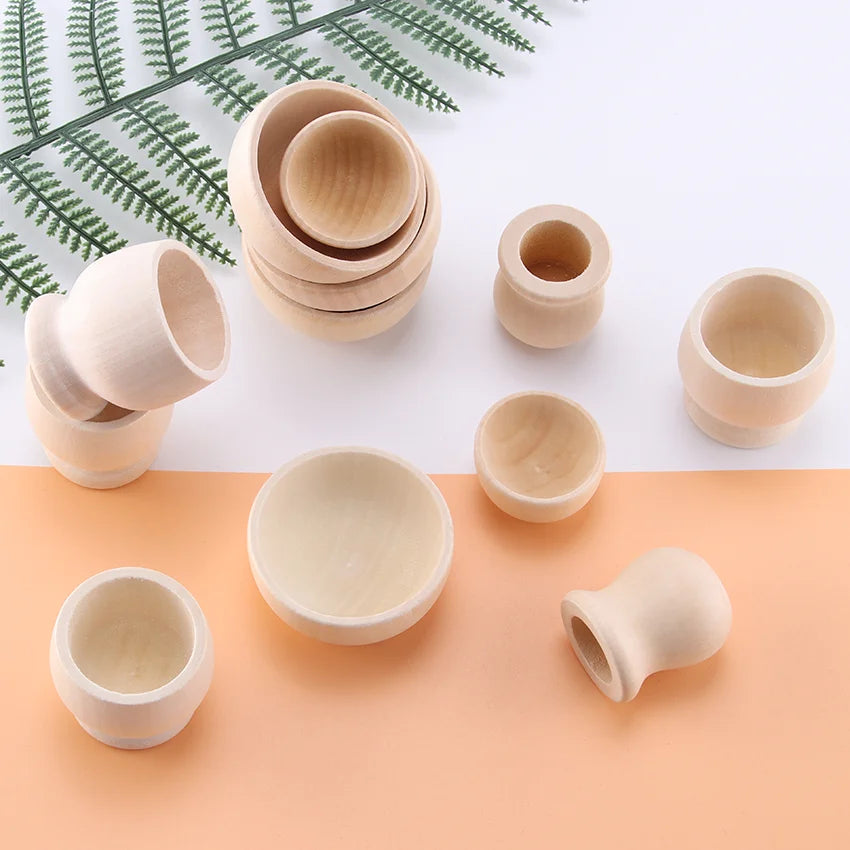 Children's Mini Wooden Play Kitchen Tableware Set - Solid Wood Bowls, Cups, and Creative Painted Ornaments
