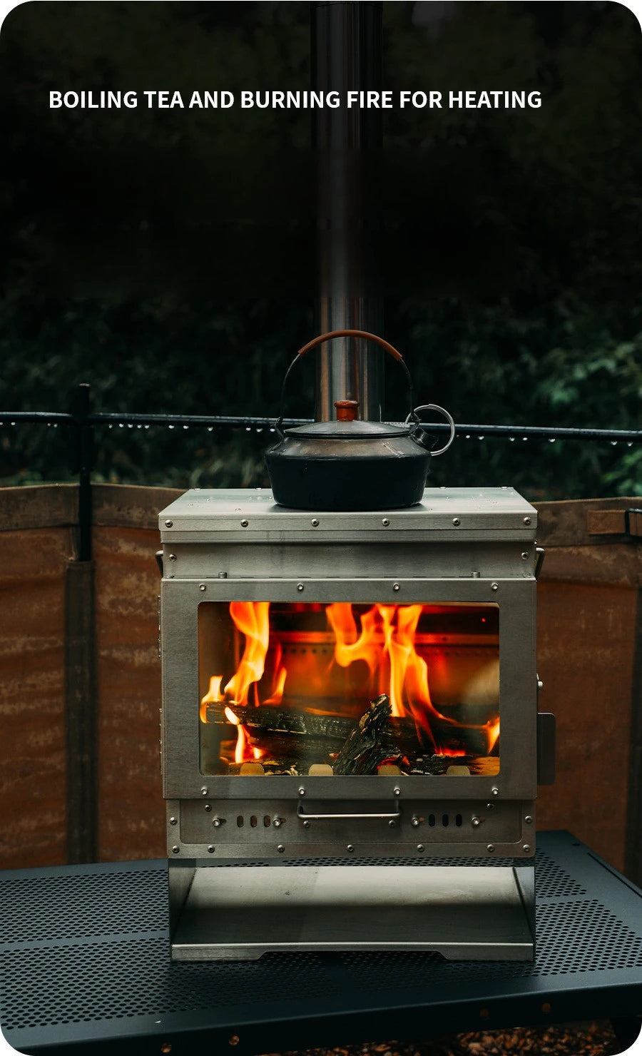 Stainless Steel Smokeless Fireplace with Secondary Burning for Camping Tent - Large Glass Window Wood Stove Firewood Heater Brazier