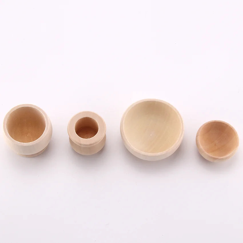 Children's Mini Wooden Play Kitchen Tableware Set - Solid Wood Bowls, Cups, and Creative Painted Ornaments