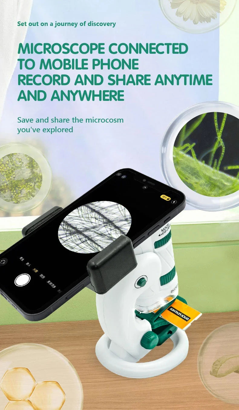 HD Student Science Microscope with Phone Adapter & Wireless LED | STEM Educational Tool for Teens & Home Biology Lab