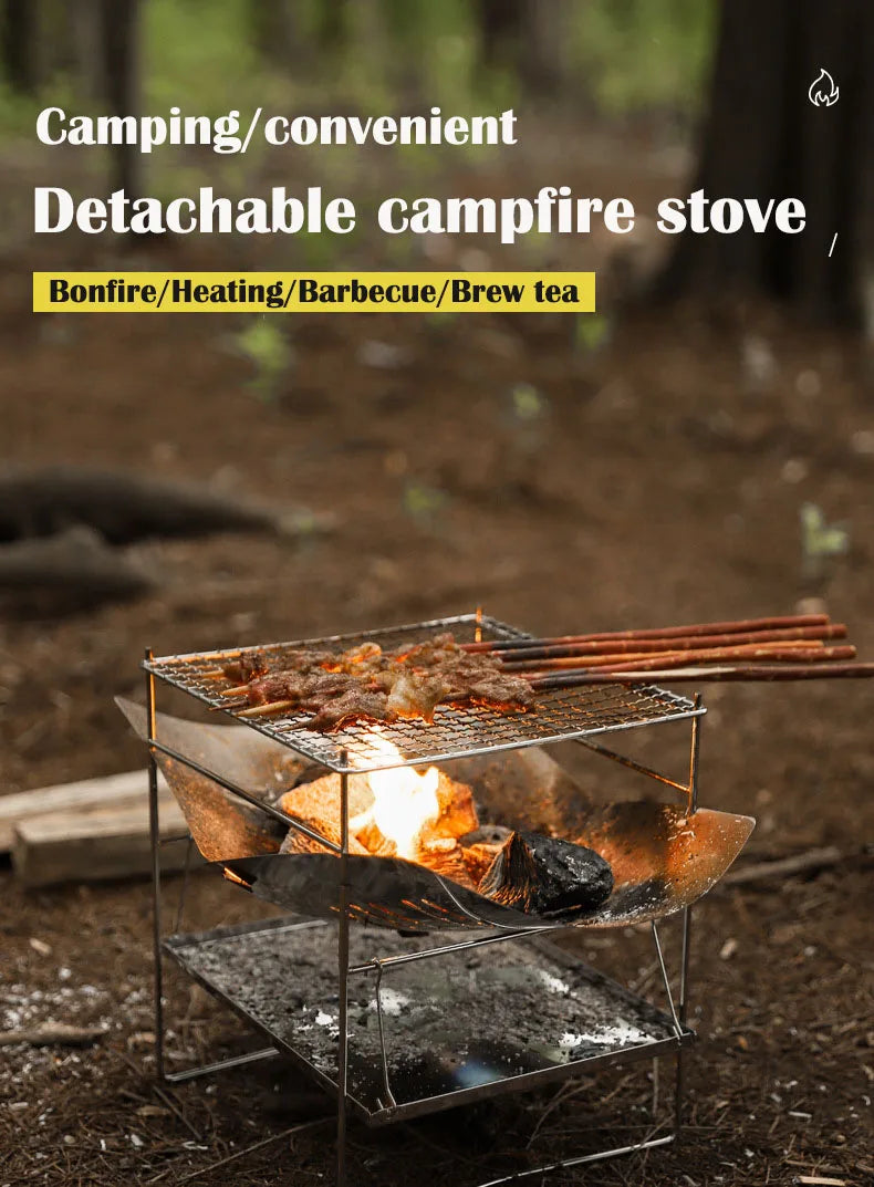 Portable Stainless Steel Fire Pit - Foldable Wood Burning Stove Mini BBQ Rack for Outdoor Camping