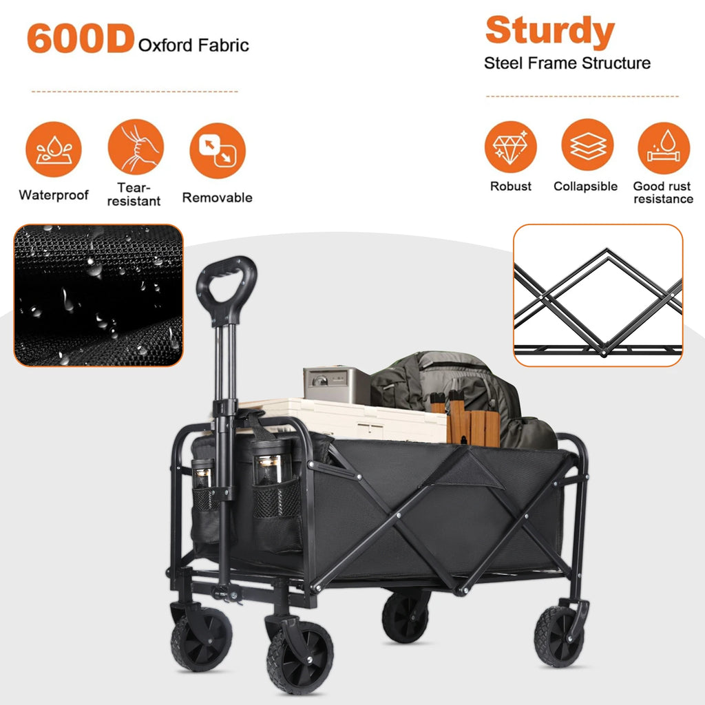 Foldable Hand Trolley for Garden and Beach - Heavy Duty 4-Wheel Carrying Trolley for Outdoor Camping and Warehouse Use