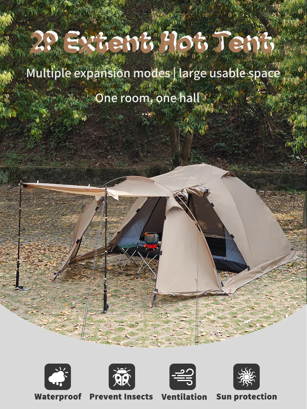 Fireproof Winter Camping Tent for 2 - Waterproof Tunnel Dome Tent with Stove Jack and Snow Skirt for 4 Season Hiking
