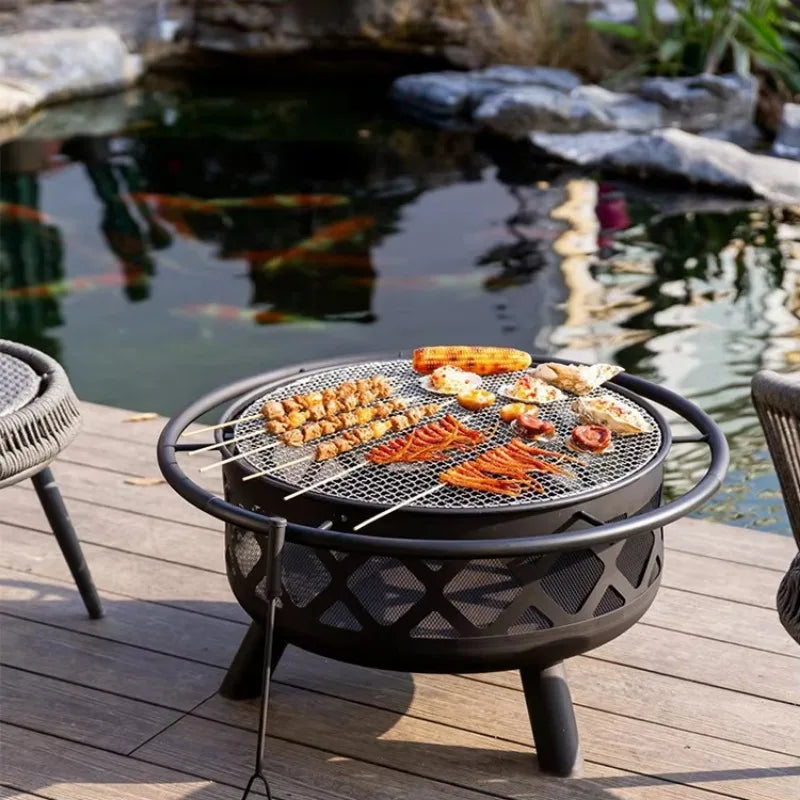 Large Outdoor Fire Pit with Spark Screen - Heavy-Duty Wood Burning Cross Fire Pit