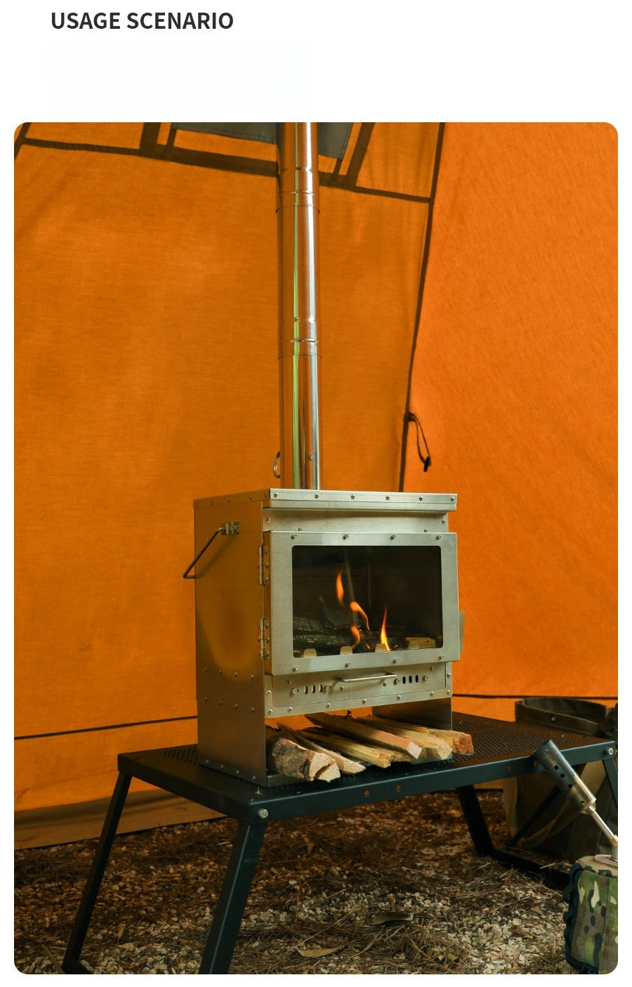 Stainless Steel Smokeless Fireplace with Secondary Burning for Camping Tent - Large Glass Window Wood Stove Firewood Heater Brazier