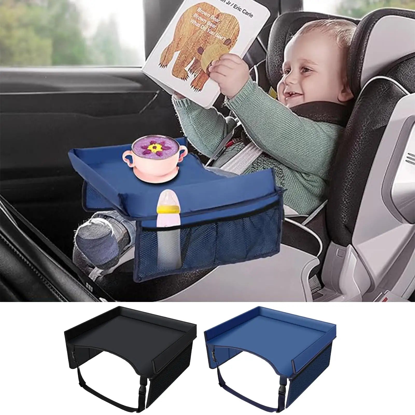 Car Seat Travel Tray Organizer for Kids - Waterproof Play Table with Cup Holder, Snack Storage & Toy Space for Babies and Strollers