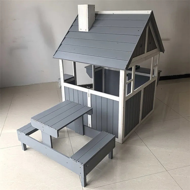 Wooden Kids Playhouse with Kitchen, Snack Bar & Picnic Bench - Outdoor Children’s Play House
