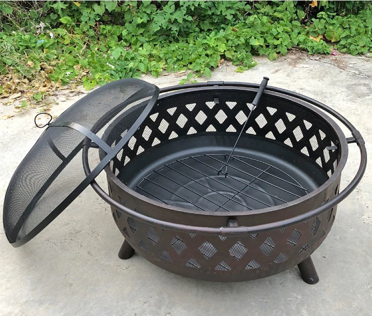 Large Outdoor Fire Pit with Spark Screen - Heavy-Duty Wood Burning Cross Fire Pit