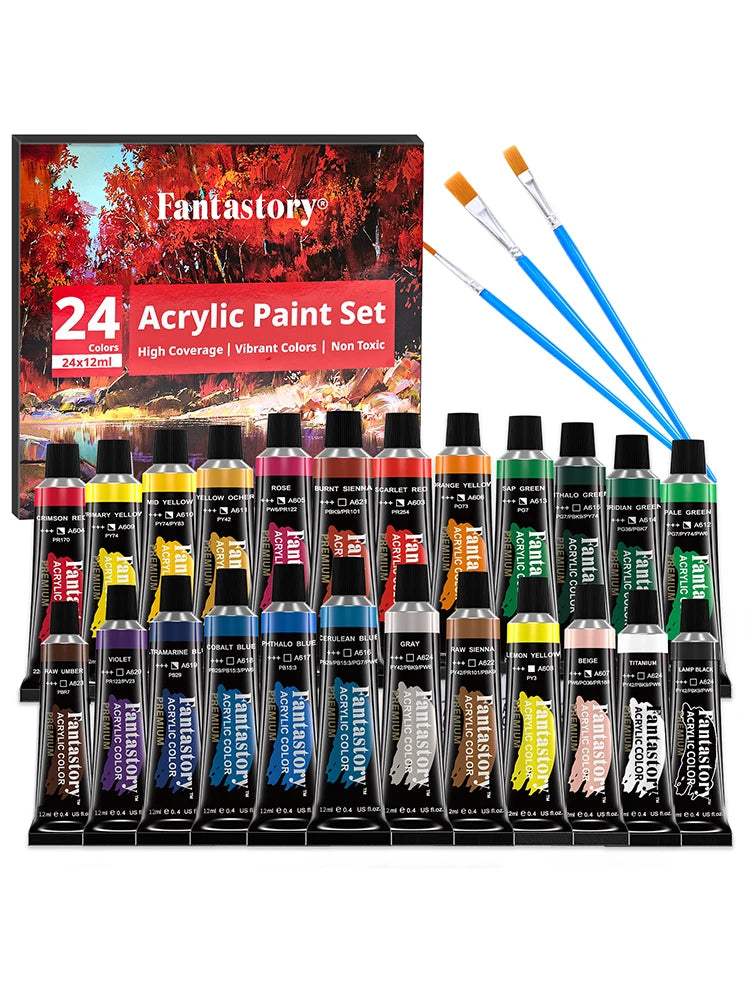 12ML 24 Colors Acrylic Paint Set with 3 Paint Brushes – Ideal Gift for Painters and Complete Paint Supplies for Adults