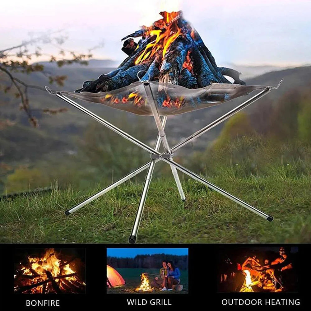 Stainless Steel Foldable Fire Rack for Camping, Backyard BBQ, and Bonfire - Mesh Fire Pit Wood Stove Frame