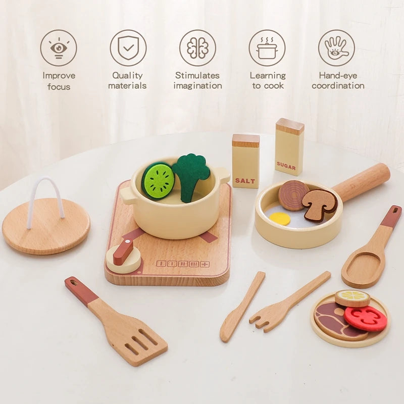 Montessori Children's Play House Kitchen Set Toys Children's Educational Simulation Wooden Toy Vegetable Pot Model Pretend Toys