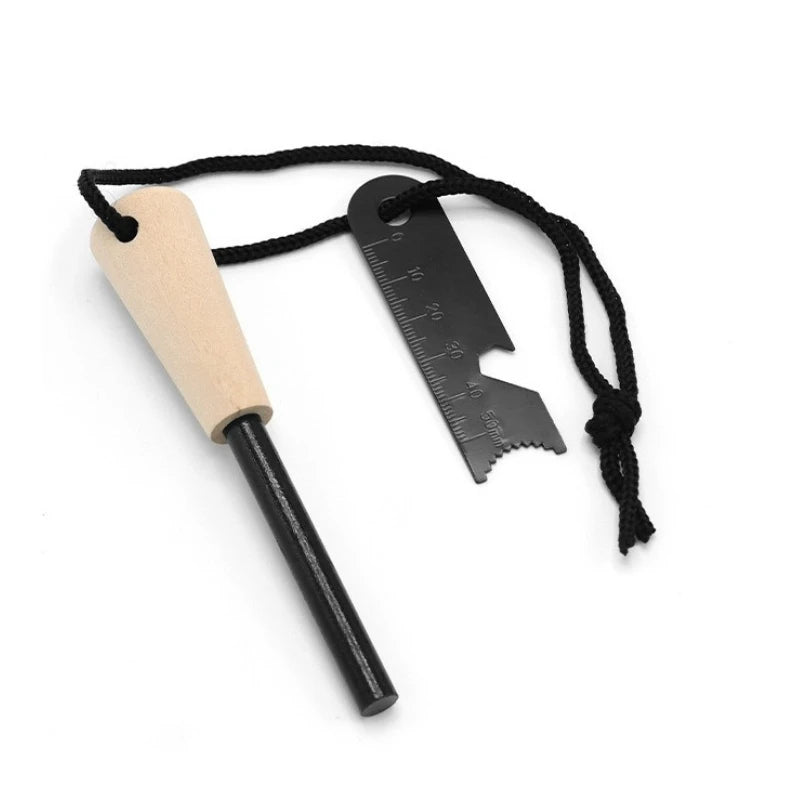 Outdoor Survival Flint Fire Starter with Wooden Handle - Multi-Tool Magnesium Rod and Waterproof Luminous Camping Fire Stick