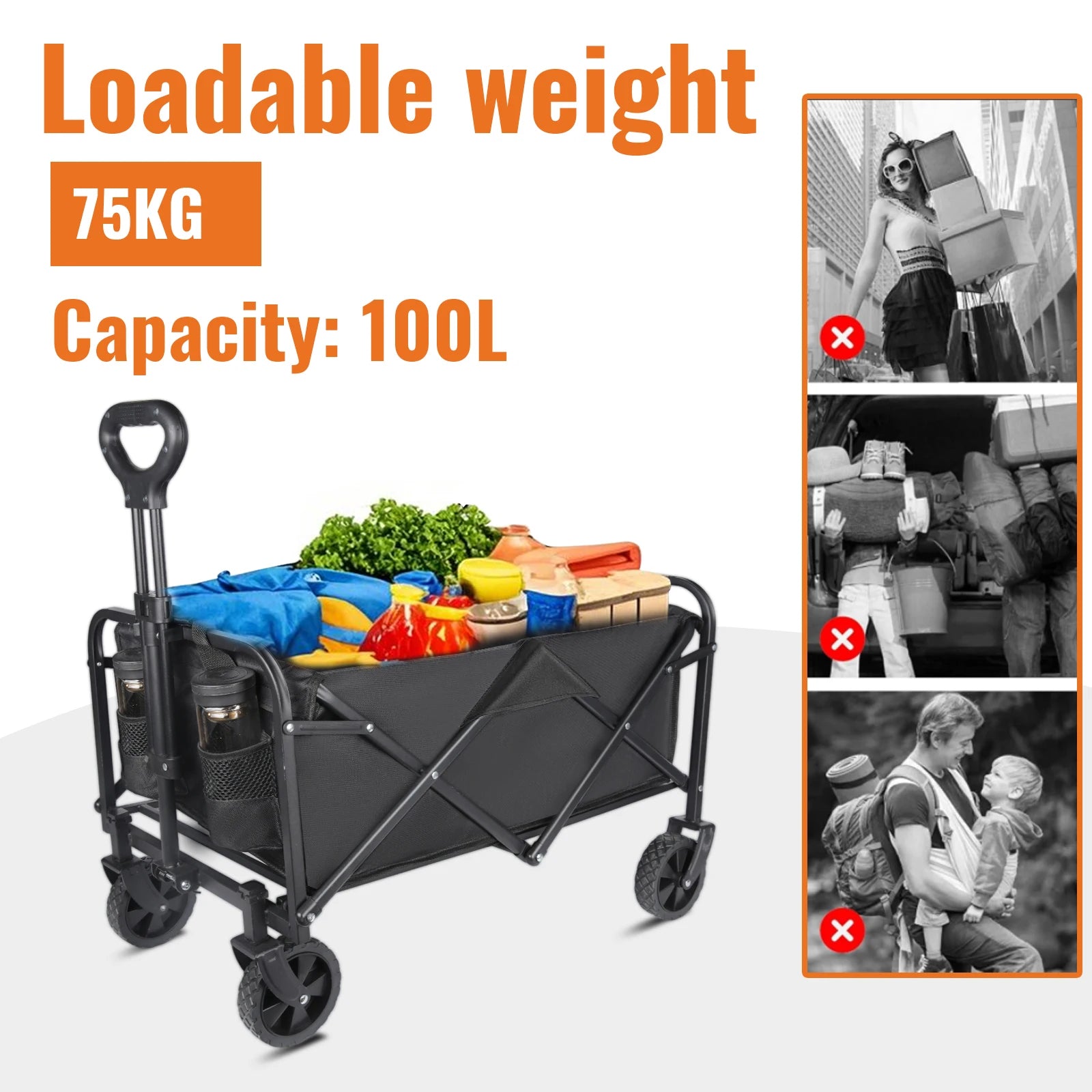 Foldable Hand Trolley for Garden and Beach - Heavy Duty 4-Wheel Carrying Trolley for Outdoor Camping and Warehouse Use