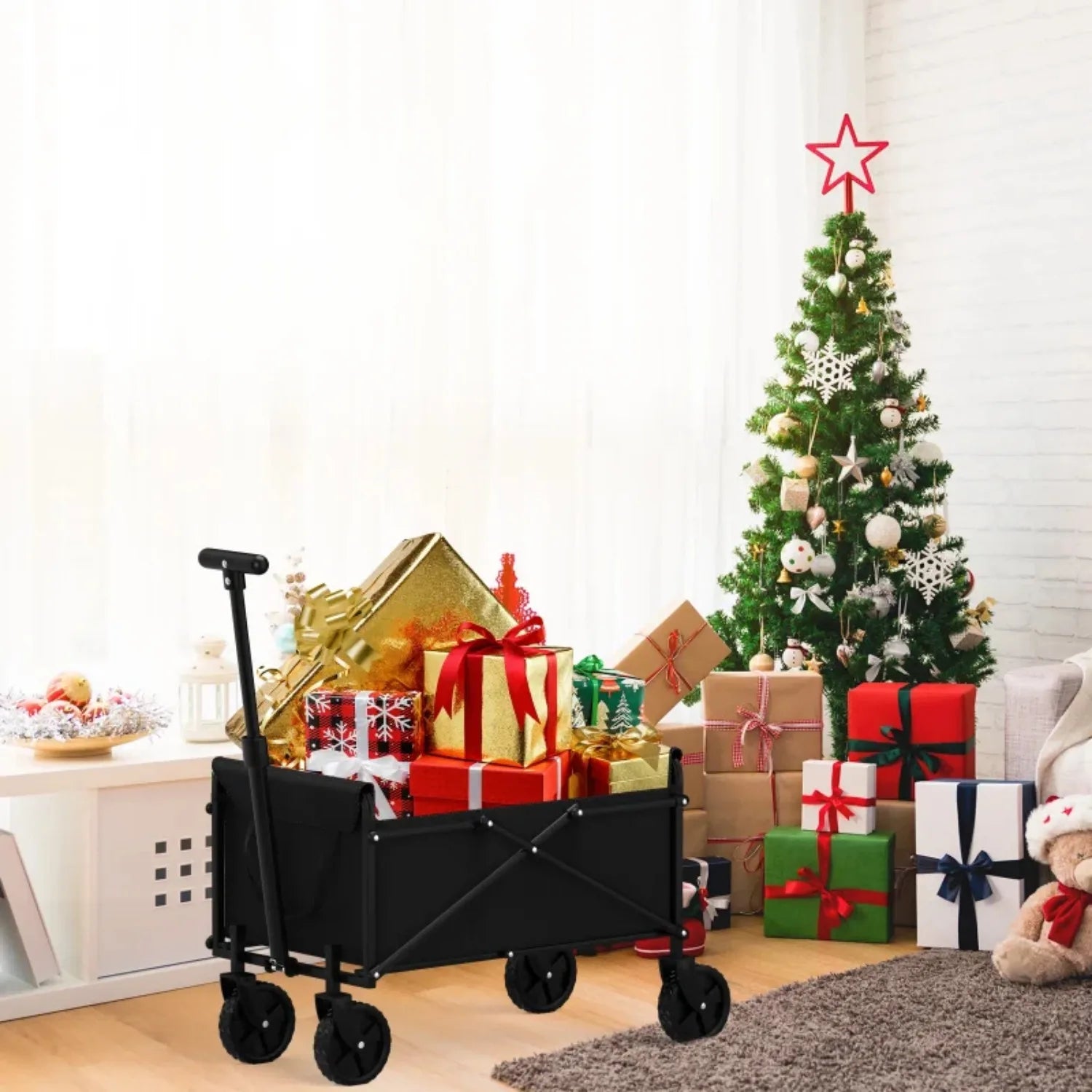 Black Small Folding Handcart - Collapsible Utility Shopping Cart for Outdoor, Garden, Picnic, and Beach Use