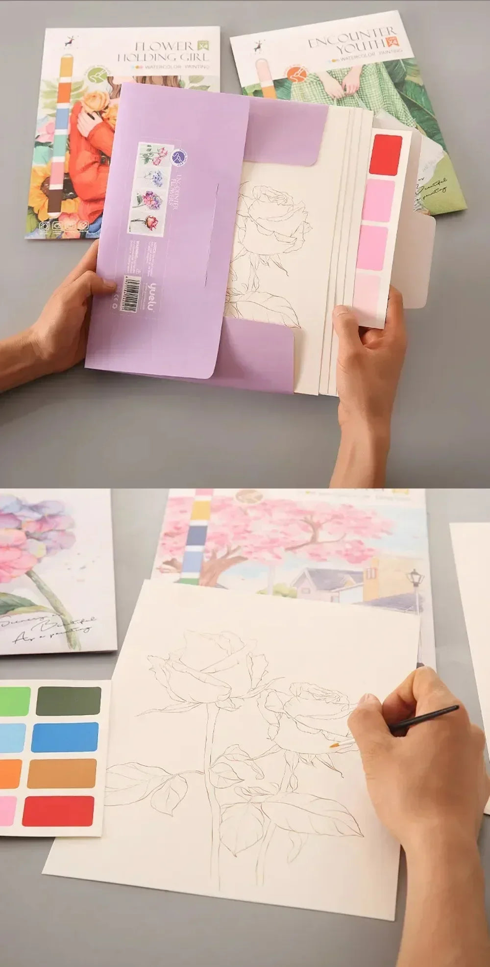 Portable Watercolor Painting Book with 4 Sheets - Kids Gouache Coloring Stationery and Graffiti Drawing Set with Paint Brush
