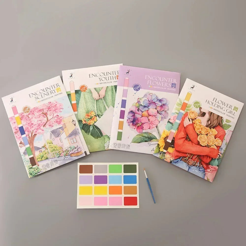 Portable Watercolor Painting Book with 4 Sheets - Kids Gouache Coloring Stationery and Graffiti Drawing Set with Paint Brush