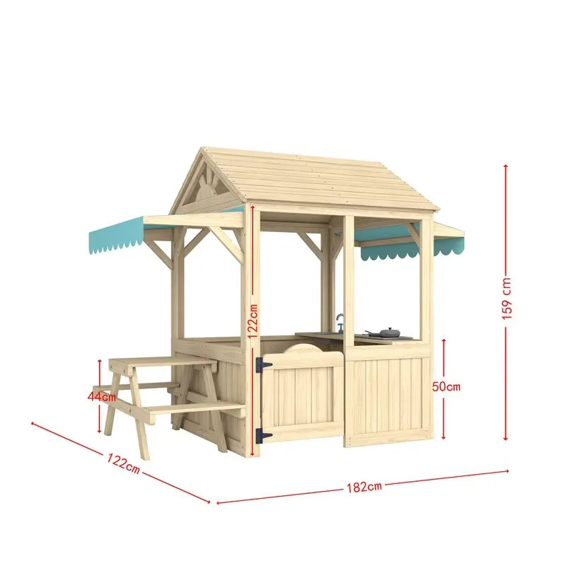 Wooden Kids Playhouse with Kitchen, Snack Bar & Picnic Bench - Outdoor Children’s Play House