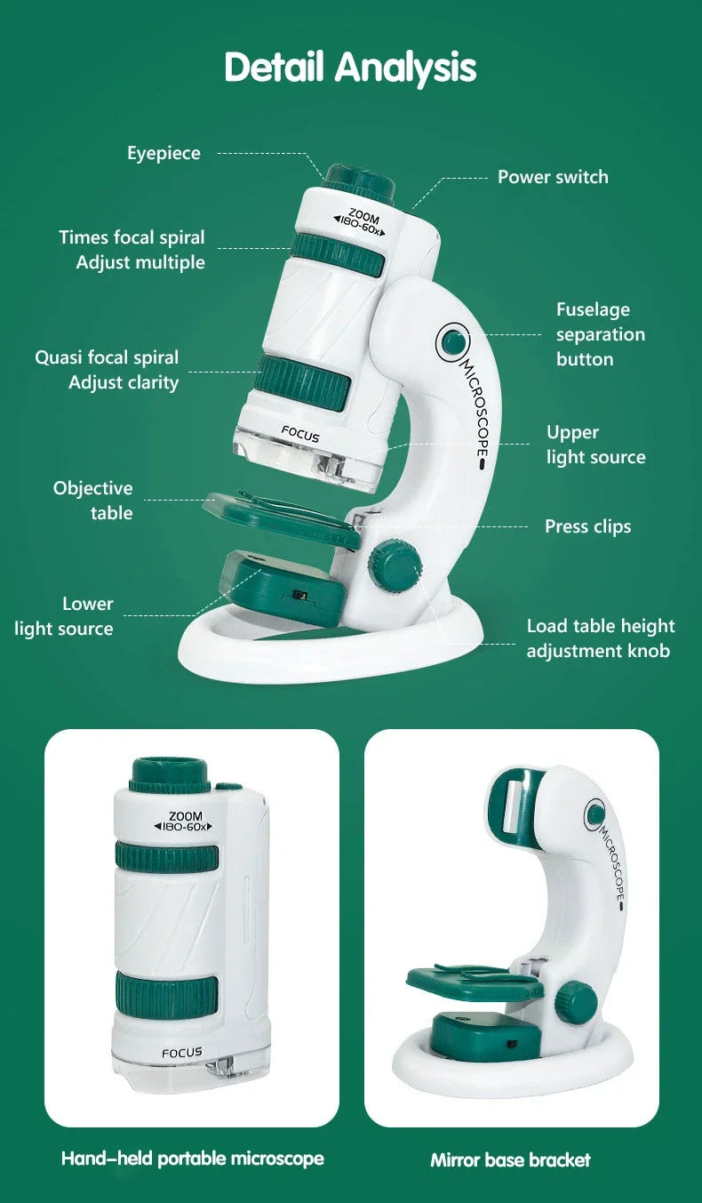 HD Student Science Microscope with Phone Adapter & Wireless LED | STEM Educational Tool for Teens & Home Biology Lab