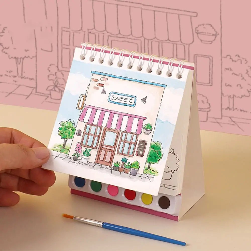 Portable House Coloring Book DIY - 20 Pages Watercolor Painting Set with 6 Colors for Toddler Arts and Crafts