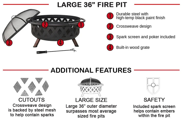 Large Outdoor Fire Pit with Spark Screen - Heavy-Duty Wood Burning Cross Fire Pit