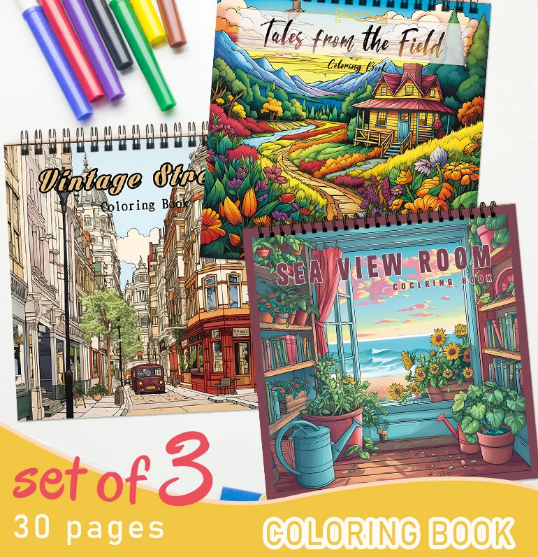 3pcs Cartoon Landscape Coloring Books – 30 Pages Each, Spiral Bound for Stress Relief and Relaxation, Ideal Gift Ideas