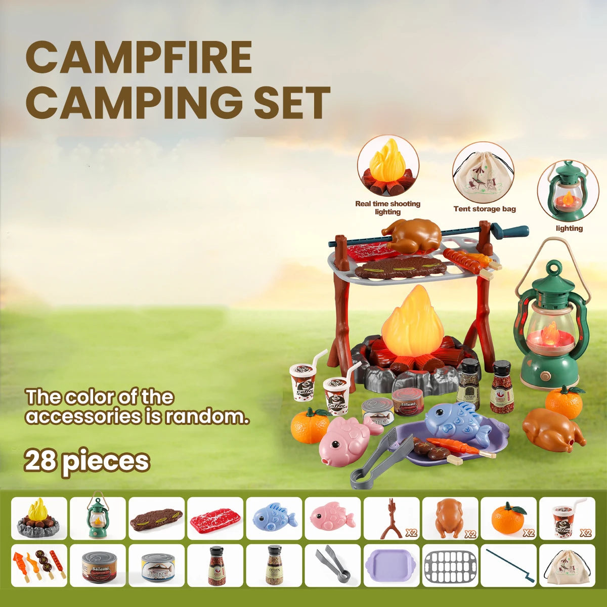 51Pcs Children's Camping Play Set Simulated Campfire Kitchen Food Picnic Role Play Toy for Kids