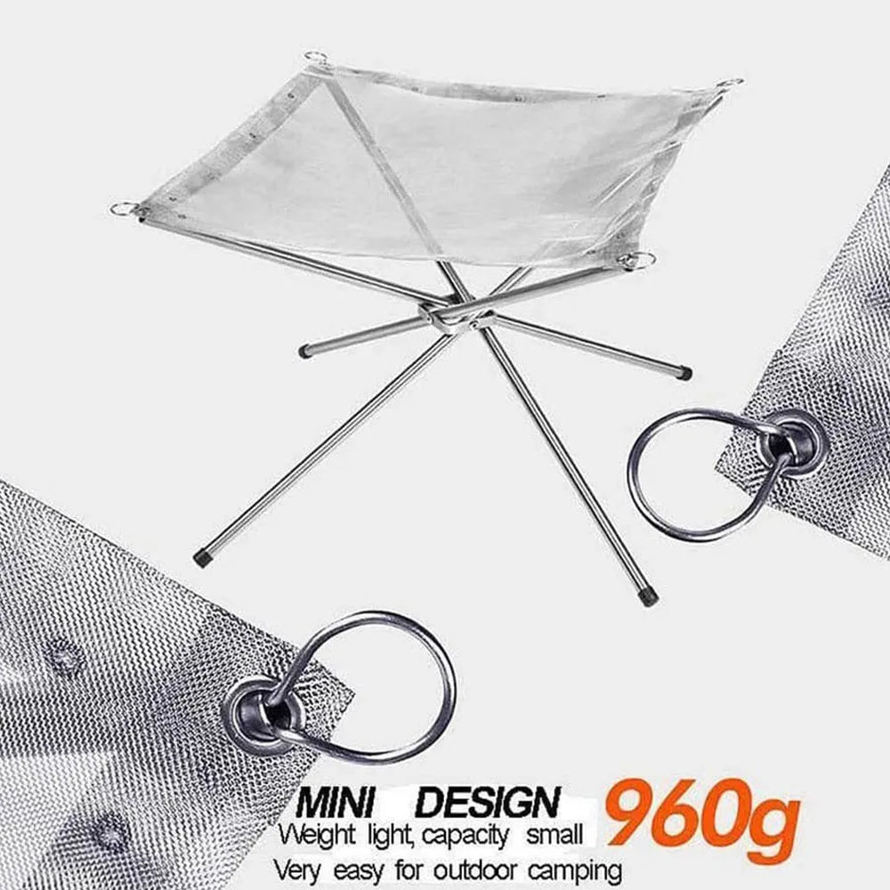 Stainless Steel Foldable Fire Rack for Camping, Backyard BBQ, and Bonfire - Mesh Fire Pit Wood Stove Frame