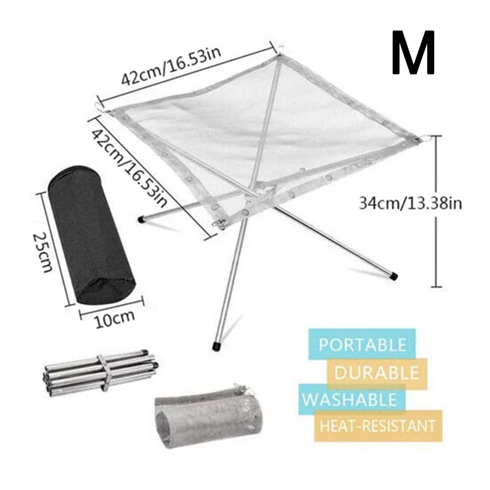 Stainless Steel Foldable Fire Rack for Camping, Backyard BBQ, and Bonfire - Mesh Fire Pit Wood Stove Frame