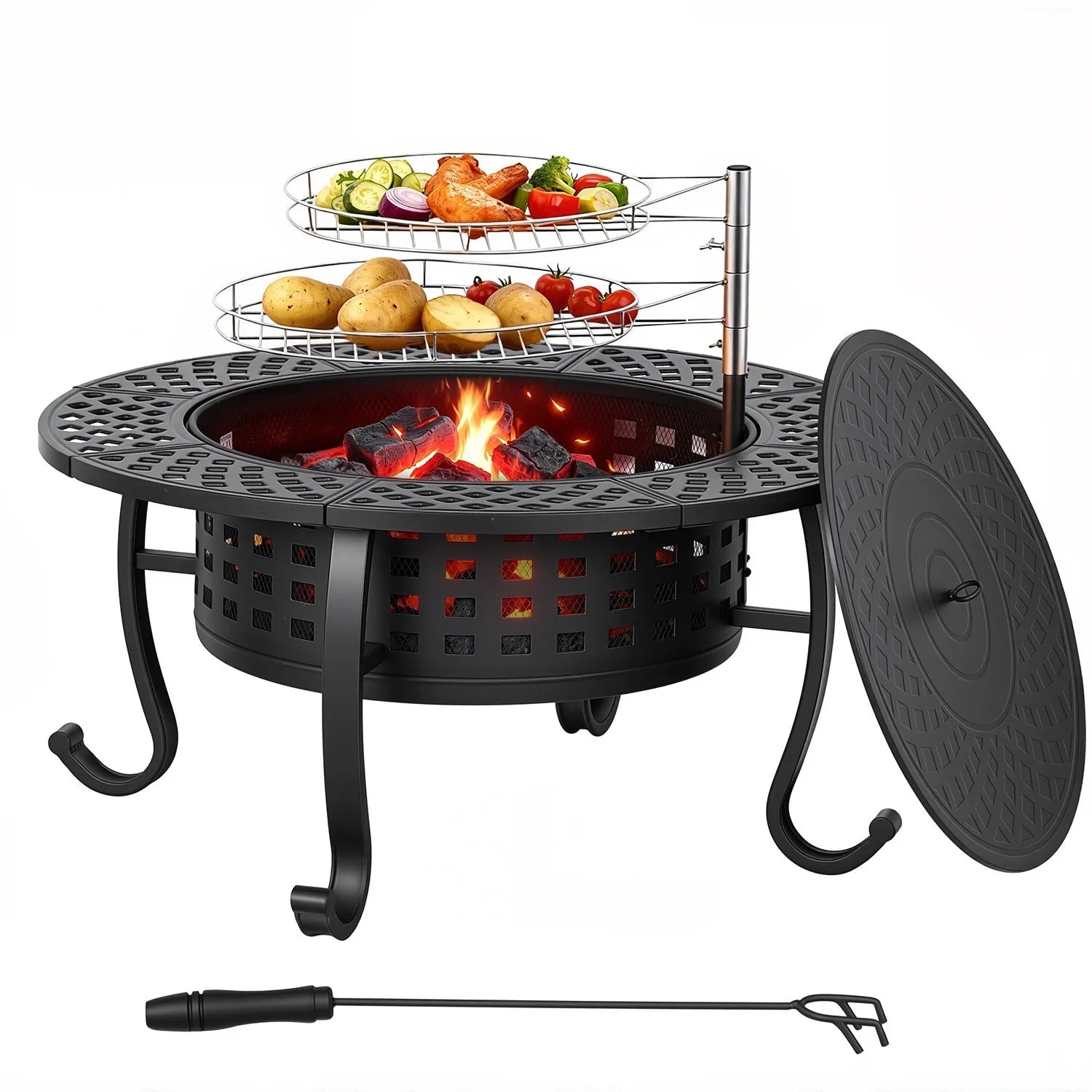 36 Inch Fire Pit with Adjustable Grills - Wood Burning Outdoor Fire Pit with Lid