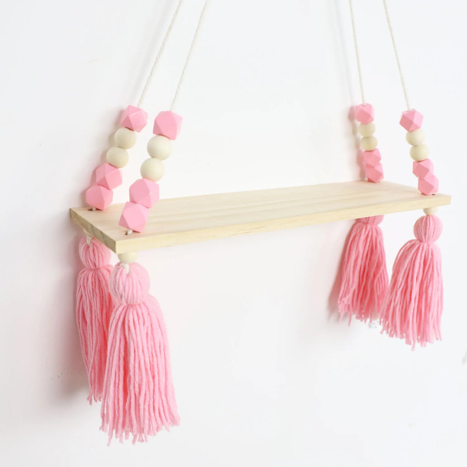 Macrame Wall Hanging Shelf for Girls Kids Nursery Decorations Boho Pink Wooden Display Floating Shelves Wall Decor Bedroom