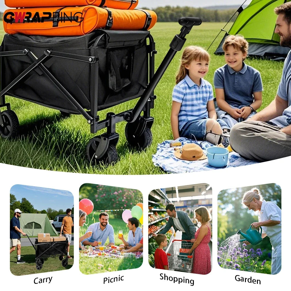 Black Handcart Outdoor Portable Folding Cart - Collapsible Shopping Wagon for Picnic, Beach, and Camping Accessories