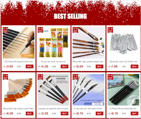 6 Piece Water Chalk Brush Set - White Horse Hair with Gold Long Wooden Rod for Oil Painting and Art Supplies