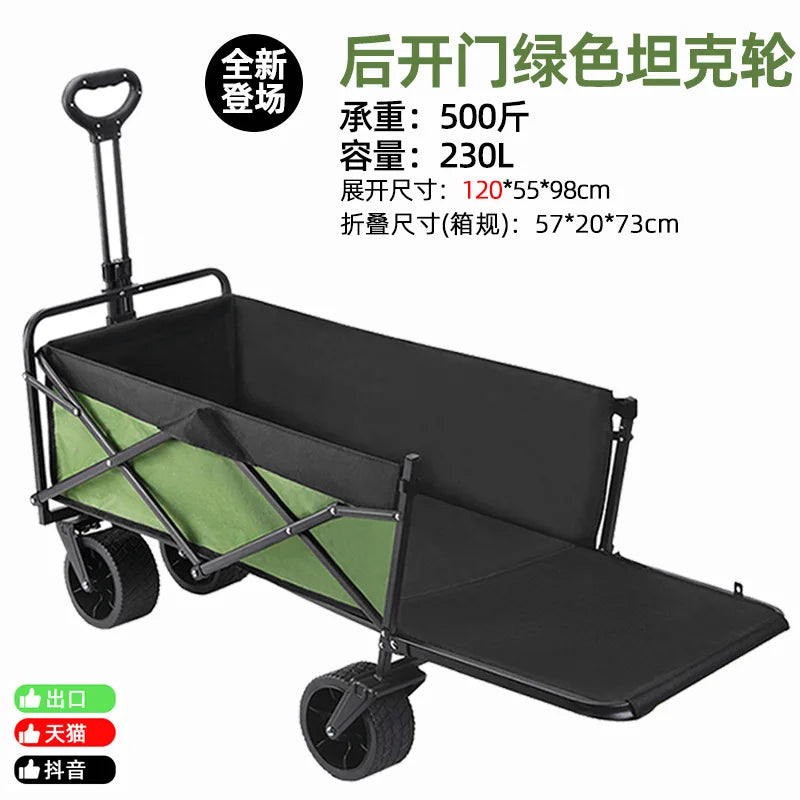 Extra Long Extender Folding Utility Cart for Outdoor Use, Large Capacity Picnic Trolley and Beach Wagon